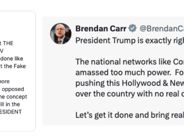 A Truth Social post from President Trump alongside an X post from FCC Chairman Brendan Carr promoting the Nexstar-Tegna merger