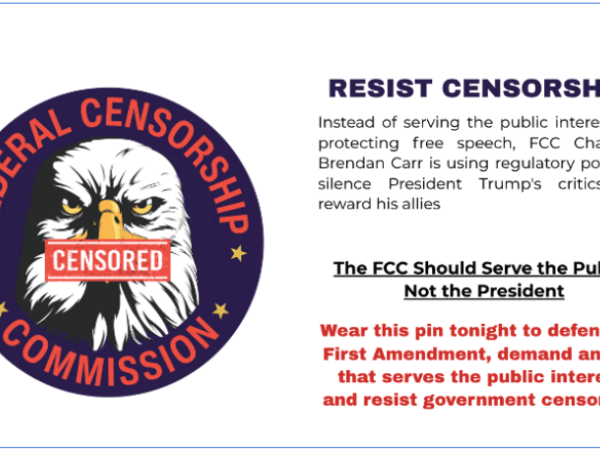 Picture of an eagle with "Federal Censorship Commission" and instructions to protest FCC Chairman Carr