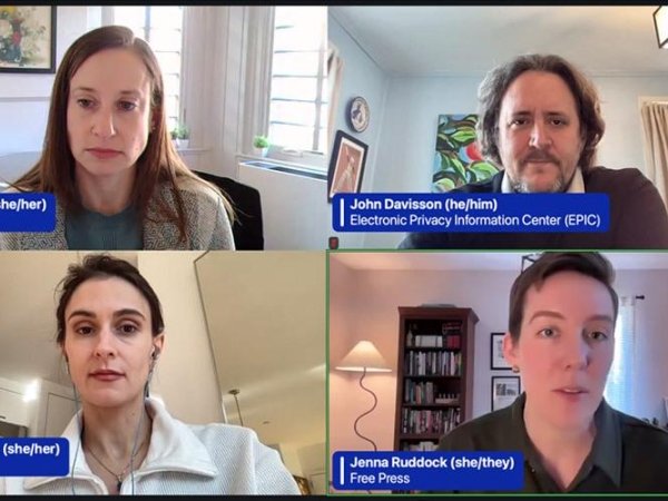 Free Press' Jenna Ruddock, WIRED's Vittoria Elliott, Public Citizen's Lisa Gilbert and EPIC's John Davisson, who took part in a webinar about the privacy breach Elon Musk and DOGE are perpetrating.
