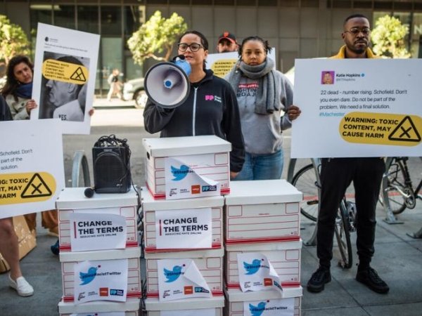 Free Press Co-CEO Jessica J. González at a protest outside Twitter headquarters in 2019.