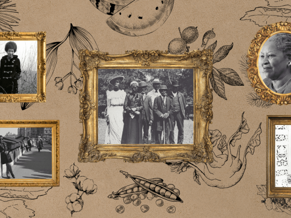 Gold-framed pictureframes on a wallpapered wall holding images of Black luminaries like Toni Morrison. Design created in honor of Juneteenth