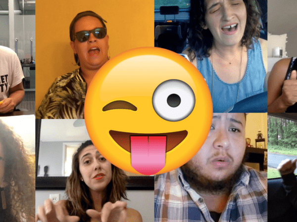 Collage of people singing with a smiley emoji in the center