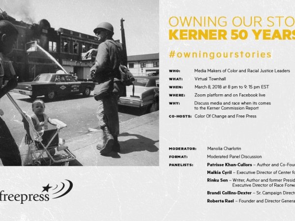 Invitation to March 8 town hall featuring a black and white photo of a family walking down the street near a soldier