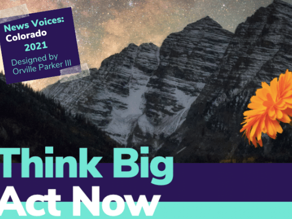 "Think Big. Act Now" juxtaposed with image of mountains, a yellow butterfly and orange flowers