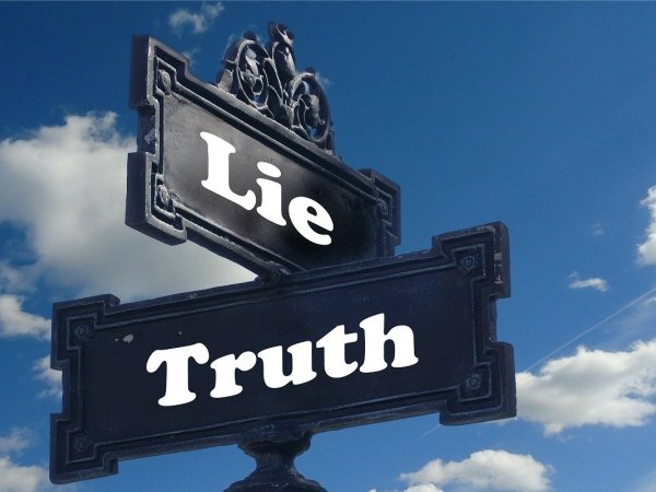 Street sign reading "lie" intersecting with one reading "truth"