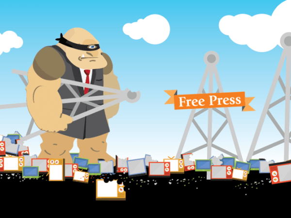 Drawing of a giant destroying local TV