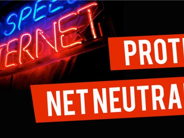 Neon sign reading "hi-speed internet" next to the words "Protect Net Neutrality"