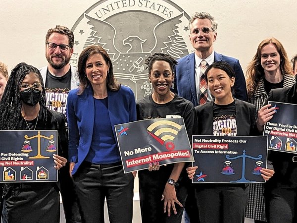 Free Press staffers and allies celebrating when the Biden FCC voted to restore Net Neutrality and Title II. Almost immediately industry players sued to overturn the protections.