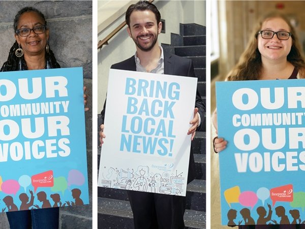 Side by side photos of three people. The people on the left and right are holding signs reading "Our community / our voices" and the person in the middle is holding a sign reading "Bring back local news"