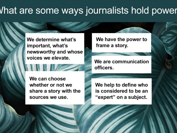 Responses to the question "What are some ways journalists hold power?"