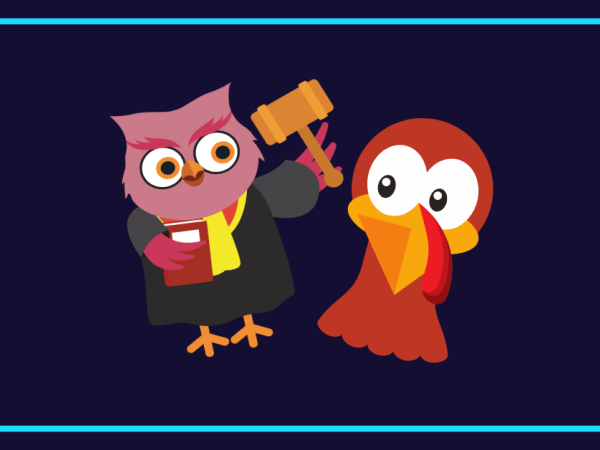 A cartoon owl judge holding a gavel next to a cartoon turkey