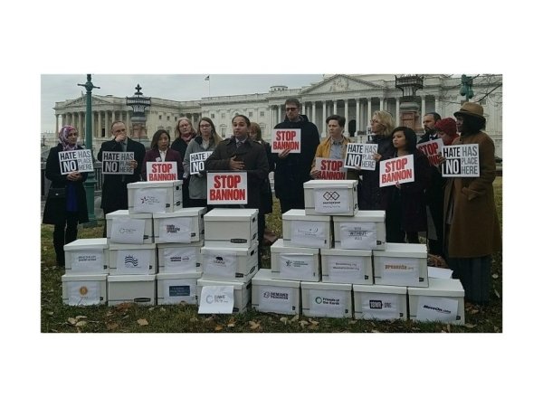 Groups deliver petitions opposing Bannon