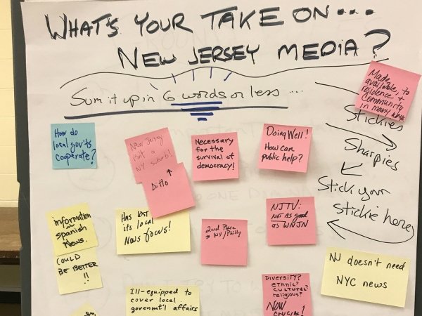 Post-its below the question "What's your take on New Jersey media?"