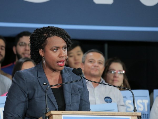 Rep. Ayanna Pressley speaking at a campaign rally.