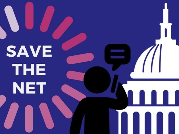 A graphic reading "Save the net" besides a person calling Capitol Hill
