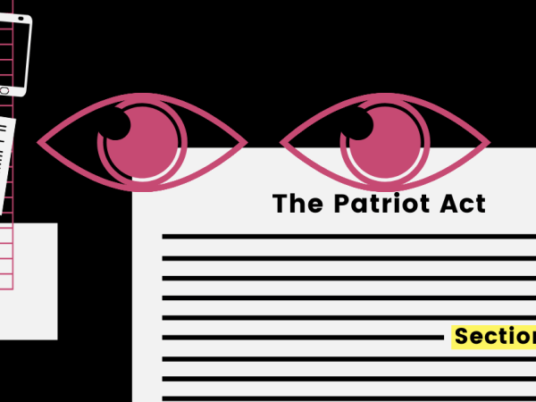 Graphic of a piece of papge reading "The Patriot Act" with cartoon eyes signifying spying