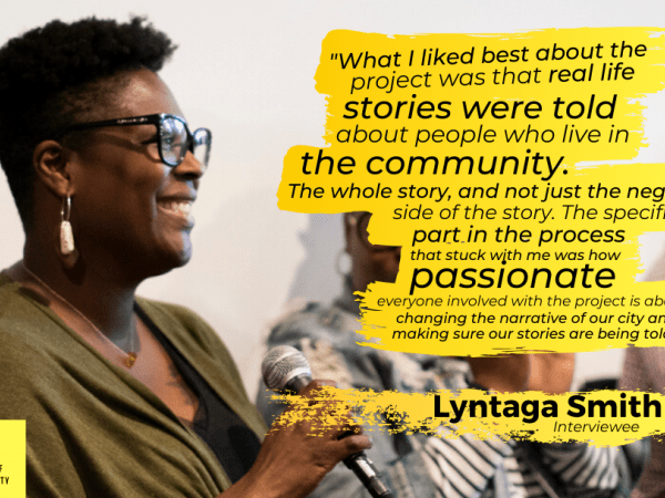 Photo of Stories of Atlantic City subject Lyntaga Smith with a quote from her noting that what she liked most about the project was that it focused on stories about people from the community.