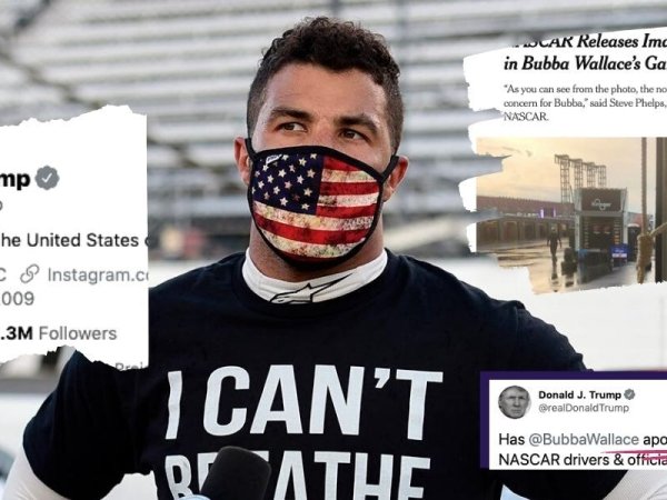 Collage of images featuring Trump tweets + Bubba Wallace in a mask and an "I can't breathe" shirt