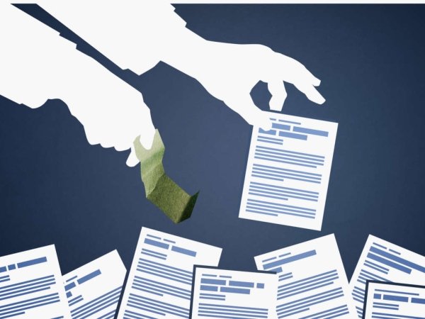 Illustration of person extending a dollar bill for a stack of newspapers