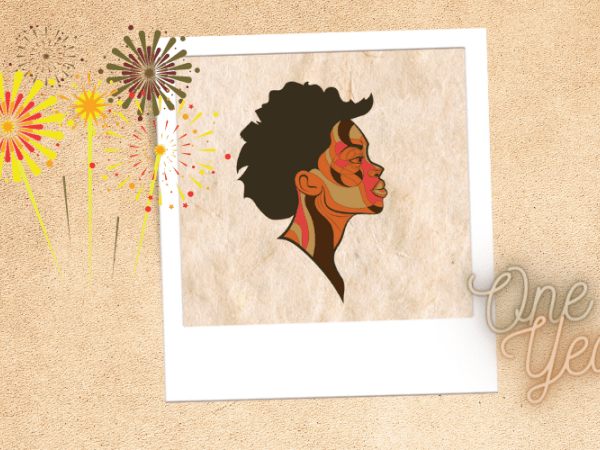 Polaroid drawing of woman's face in profile with the text "One Year"
