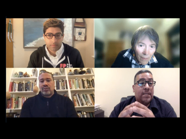 Media Power Collaborative event featuring Sanjay Jolly and Nan Rubin (top row) and Dr. Letrell Deshan Crittenden and Joseph Torres (bottom row)