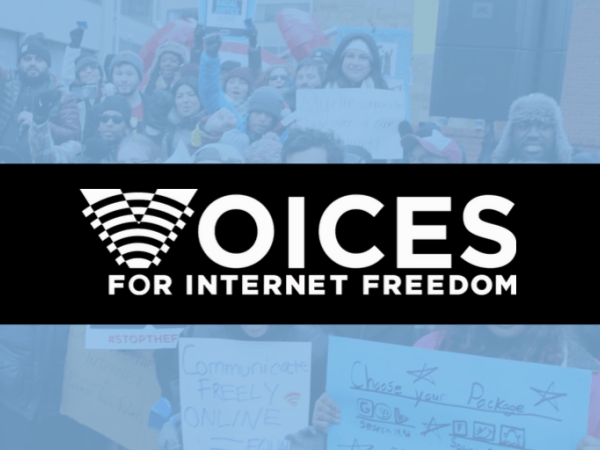 A Net Neutrality protest with "Voices for Internet Freedom" overlaid on top of the image