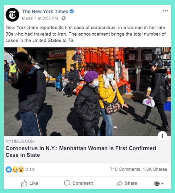 NY Times Facebook post on first woman diagnosed with the virus in NY