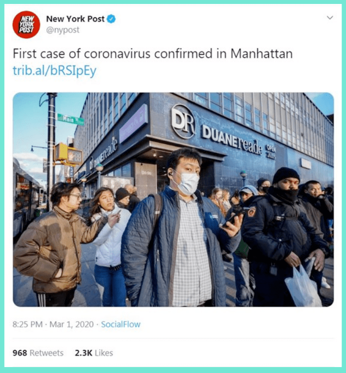 NY Post tweet on first coronavirus case confirmed in Manhattan