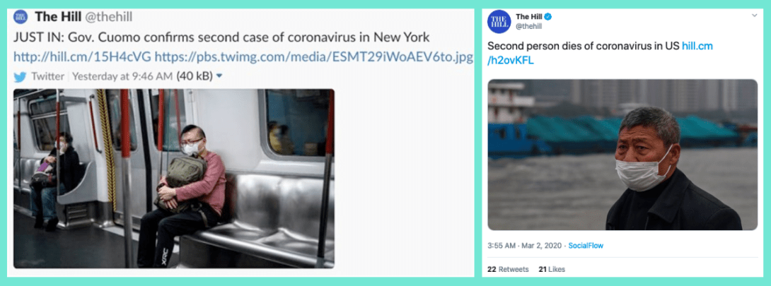 Two tweets from The Hill on coronavirus in NY feature photos of people who are *not* in NY