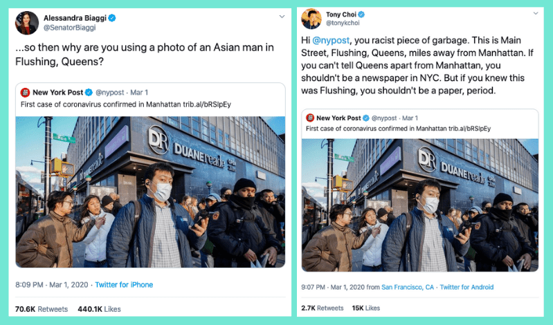 Reactions from two Twitter users to NY Post's refusal to update its images