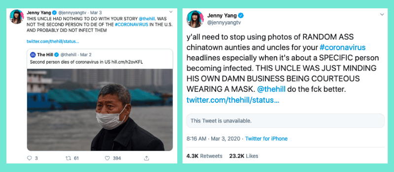 Reactions from Twitter user Jenny Yang to The Hill's coverage