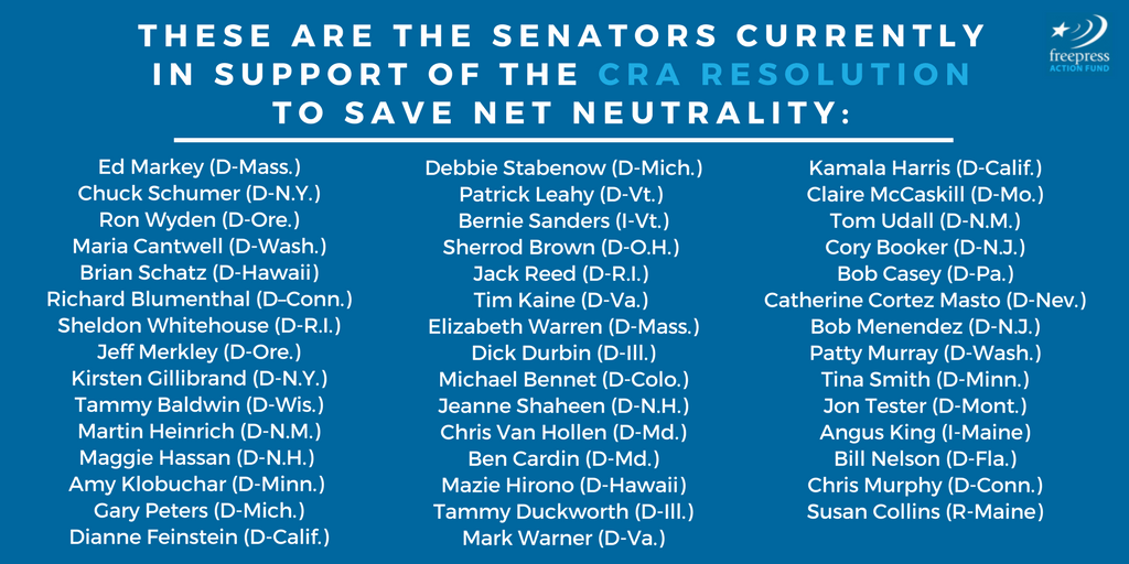 List of 43 senators supporting Net Neutrality resolution