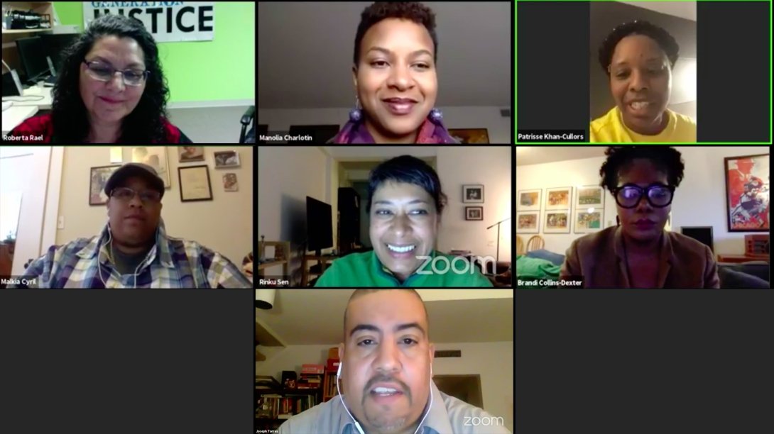 Faces of seven of the participants in the Kerner town hall