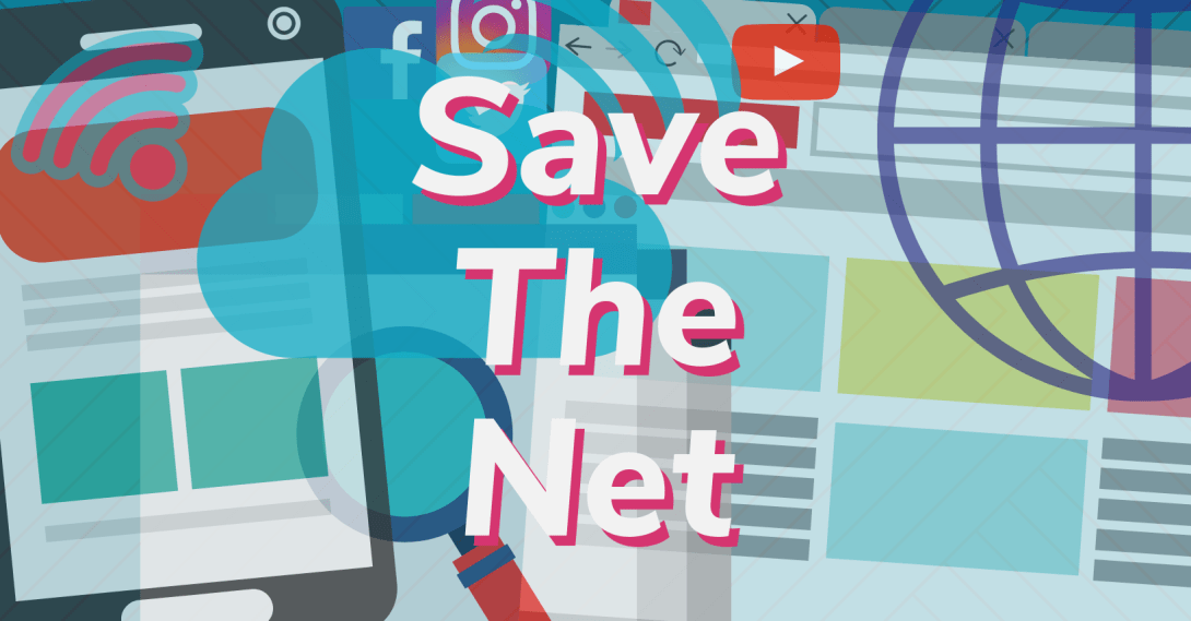 "Save the Net" overload on top of images from the internet