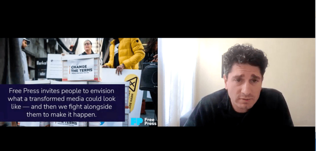 Free Press Senior Director of Journalism Policy Mike Rispoli during a Zoom presentation for the Media Power Collaborative