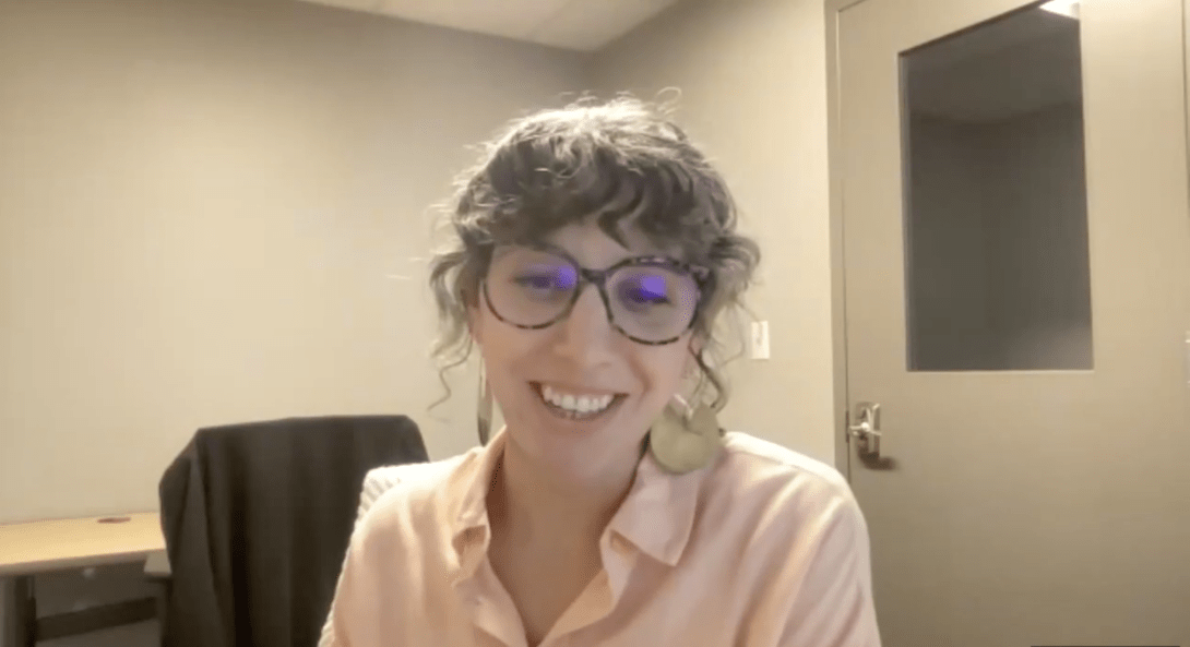 Independent journalist Kate Harloe during a virtual meeting of the Media Power Collaborative