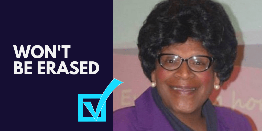 Newly elected Boston City Councilor Althea Garrison with the text "Won't be erased"