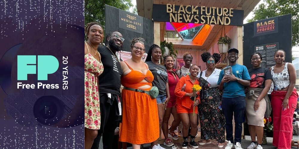 Free Press staffers and allies outside the "Black Future Newsstand" installation in Harlem