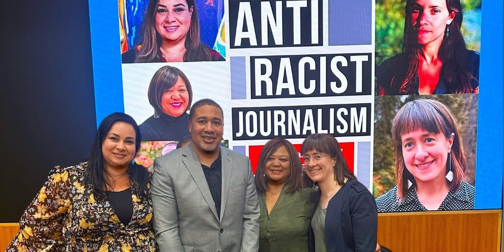 Free Press’ Vanessa Maria Graber (left) with fellow panelists from the discussion “Antiracist Journalism: Making Philly Media More Equitable.”