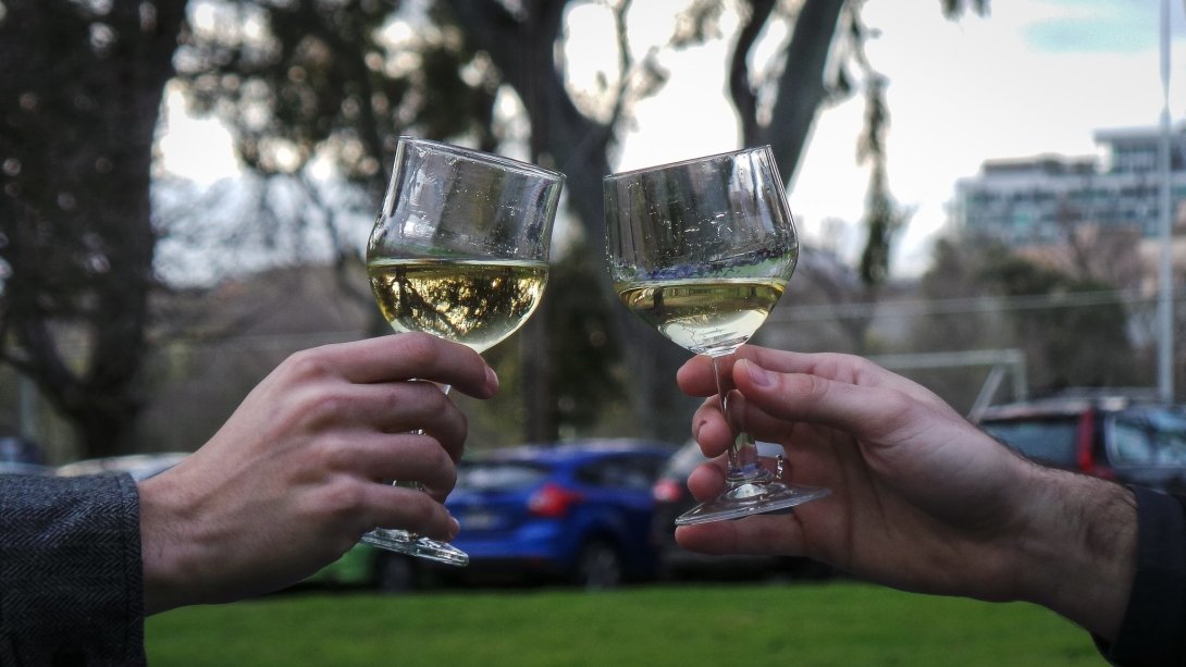 Two people clinking wine glasses