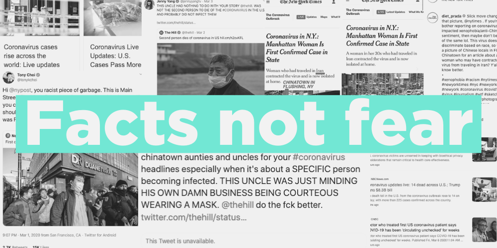 The words "Facts not fear" juxtaposed on images of biased coronavirus coverage