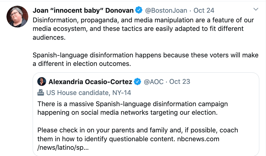 Tweet from Joan Donovan above a tweet from Rep. Alexandria Ocasio-Cortez about the proliferation of Spanish-language disinformation