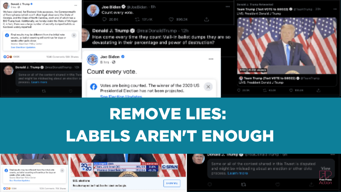 "Remove Lies: Labels Aren't Enough" over a collage of posts from Trump