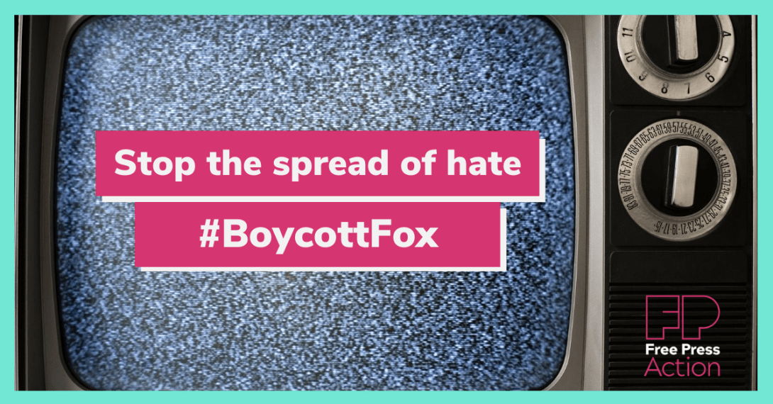 "Stop the spread of hate / #Boycott Fox" on a TV screen