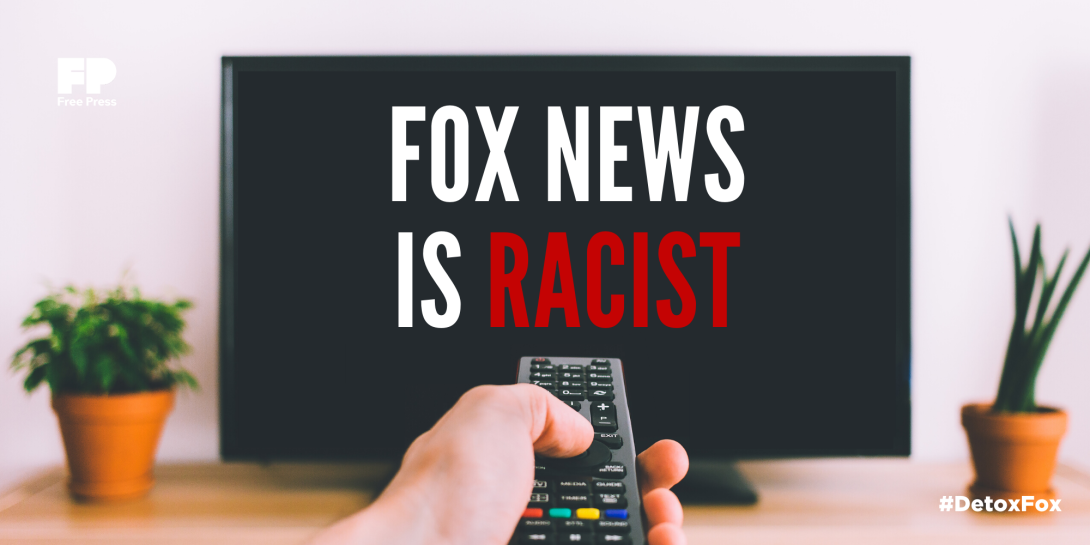 Remote control pointed at TV screen displaying the words "Fox News Is Racist"