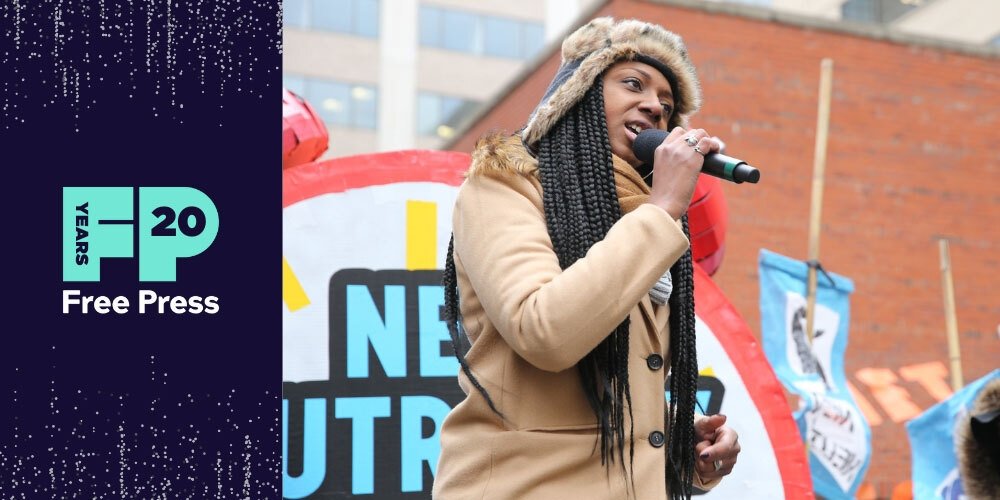 Free Press’ Collette Watson speaking at a rally in support of Net Neutrality.