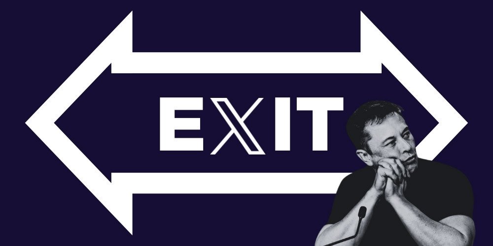 An exit sign next to a photo of Elon Musk