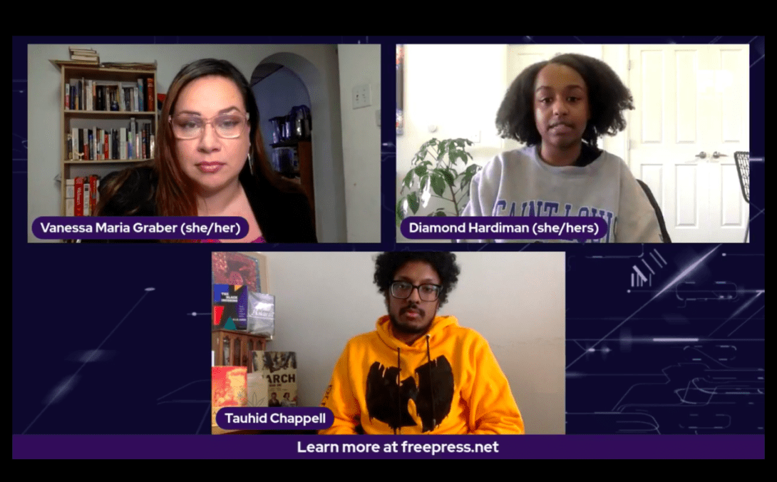 Free Press staffers Vanessa Maria Graber, Diamond Hardiman and Tauhid Chappell on an episode of Free Press Live