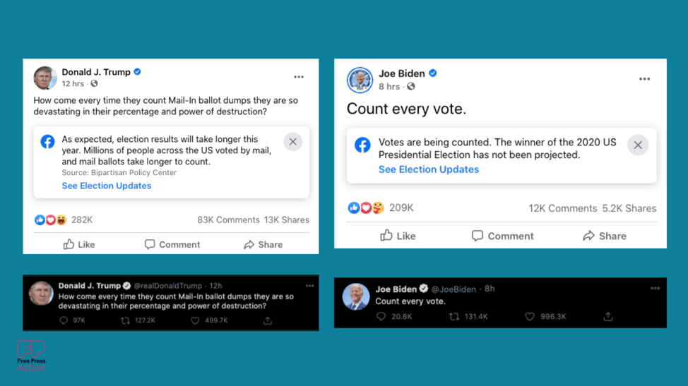Side-by-side comparison of Facebook posts from Trump and Biden