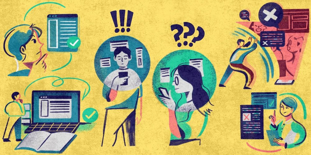 Drawings of people confronting misinformation as they look at phones, documents, books and other forms of media